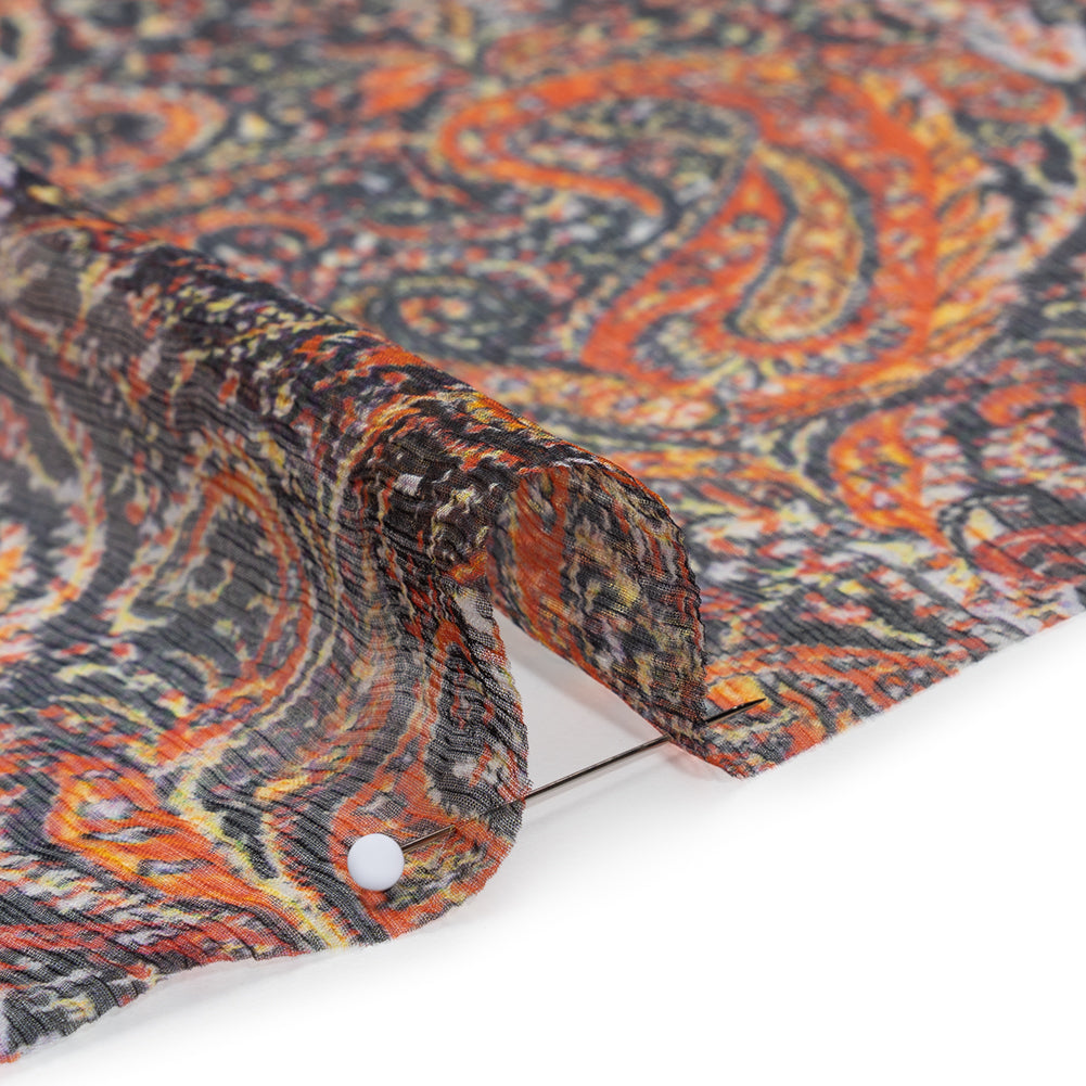Crinkled Silk Chiffon Print - Black, Red and Yellow Traditional Paisley - Deadstock Detail Crinkled Silk Chiffon Print - Black, Red and Yellow Traditional Paisley - Deadstock Detail