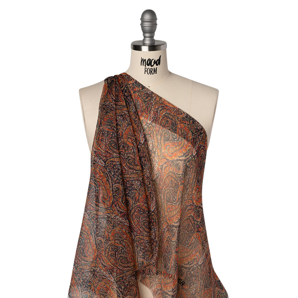 Crinkled Silk Chiffon Print - Black, Red and Yellow Traditional Paisley - Deadstock Drape Crinkled Silk Chiffon Print - Black, Red and Yellow Traditional Paisley - Deadstock Drape