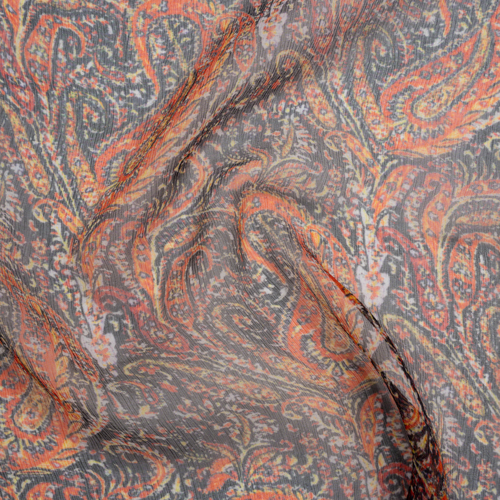 Crinkled Silk Chiffon Print - Black, Red and Yellow Traditional Paisley - Deadstock Crinkled Silk Chiffon Print - Black, Red and Yellow Traditional Paisley - Deadstock