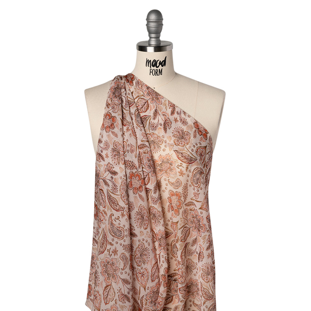 Silk Voile Print - Dusty Rose, Cream and Tan Paisleys and Flowers - Deadstock Drape Silk Voile Print - Dusty Rose, Cream and Tan Paisleys and Flowers - Deadstock Drape