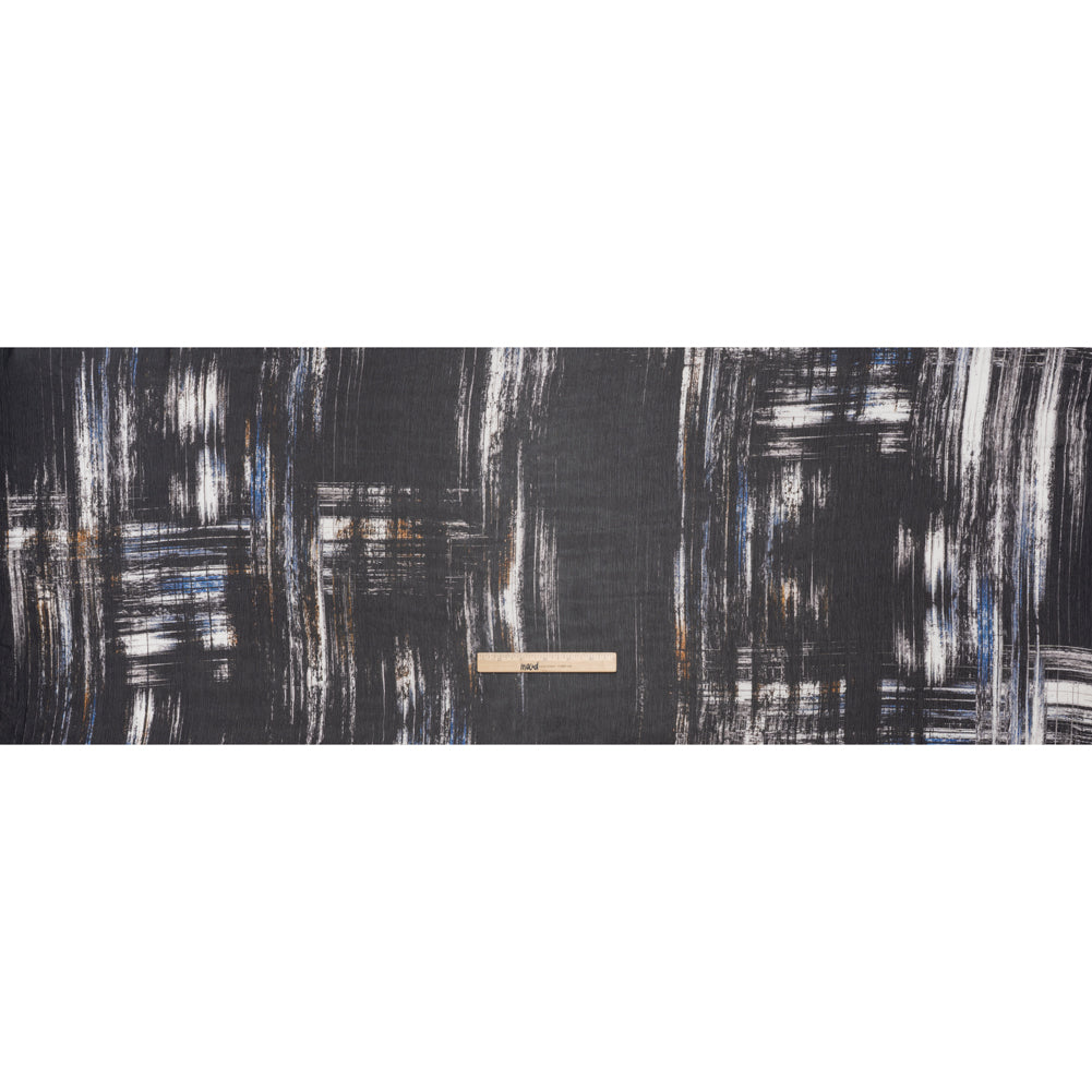 Crinkled Silk Chiffon Print - Black, Blue and White Brushy Plaid - Deadstock - Full Crinkled Silk Chiffon Print - Black, Blue and White Brushy Plaid - Deadstock - Full