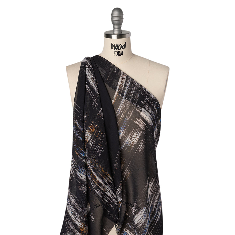 Crinkled Silk Chiffon Print - Black, Blue and White Brushy Plaid - Deadstock Drape Crinkled Silk Chiffon Print - Black, Blue and White Brushy Plaid - Deadstock Drape