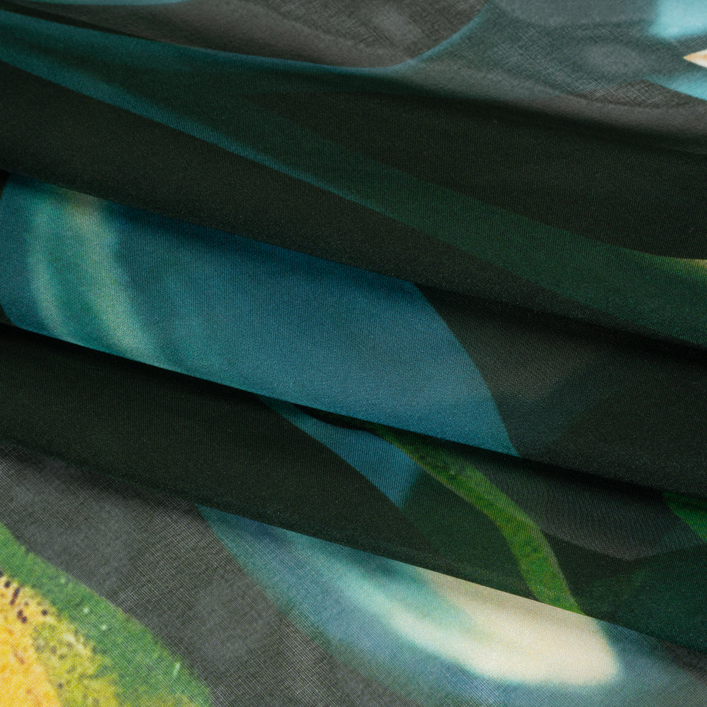 Silk Voile Print - Deep Sea Green, Blue and Yellow Broken Floral with Bees and Butterflies - Deadstock Folded Silk Voile Print - Deep Sea Green, Blue and Yellow Broken Floral with Bees and Butterflies - Deadstock Folded
