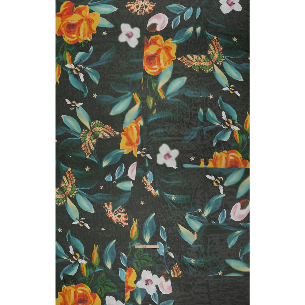 Silk Voile Print - Deep Sea Green, Blue and Yellow Broken Floral with Bees and Butterflies - Deadstock - Full Silk Voile Print - Deep Sea Green, Blue and Yellow Broken Floral with Bees and Butterflies - Deadstock - Full