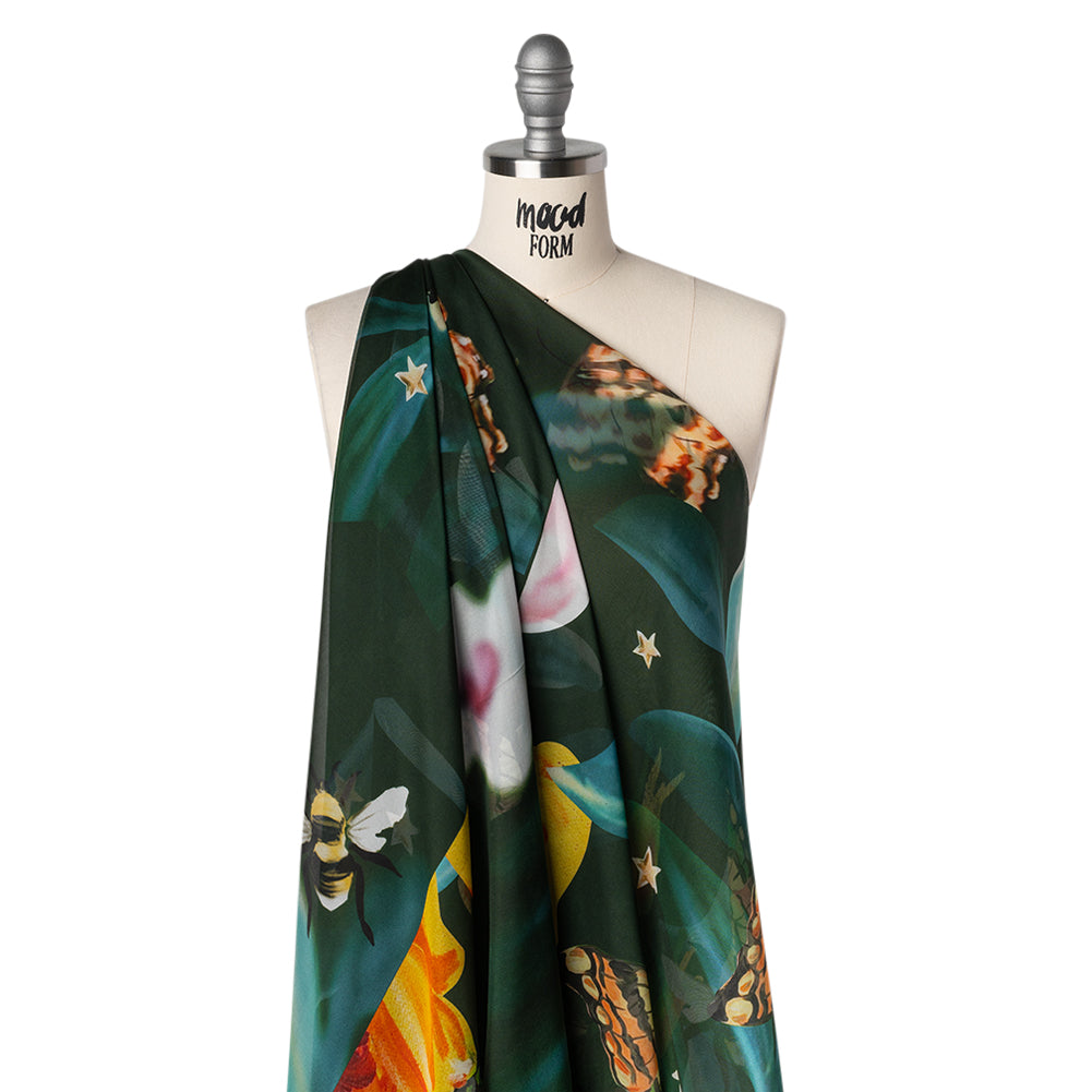 Silk Voile Print - Deep Sea Green, Blue and Yellow Broken Floral with Bees and Butterflies - Deadstock Drape Silk Voile Print - Deep Sea Green, Blue and Yellow Broken Floral with Bees and Butterflies - Deadstock Drape