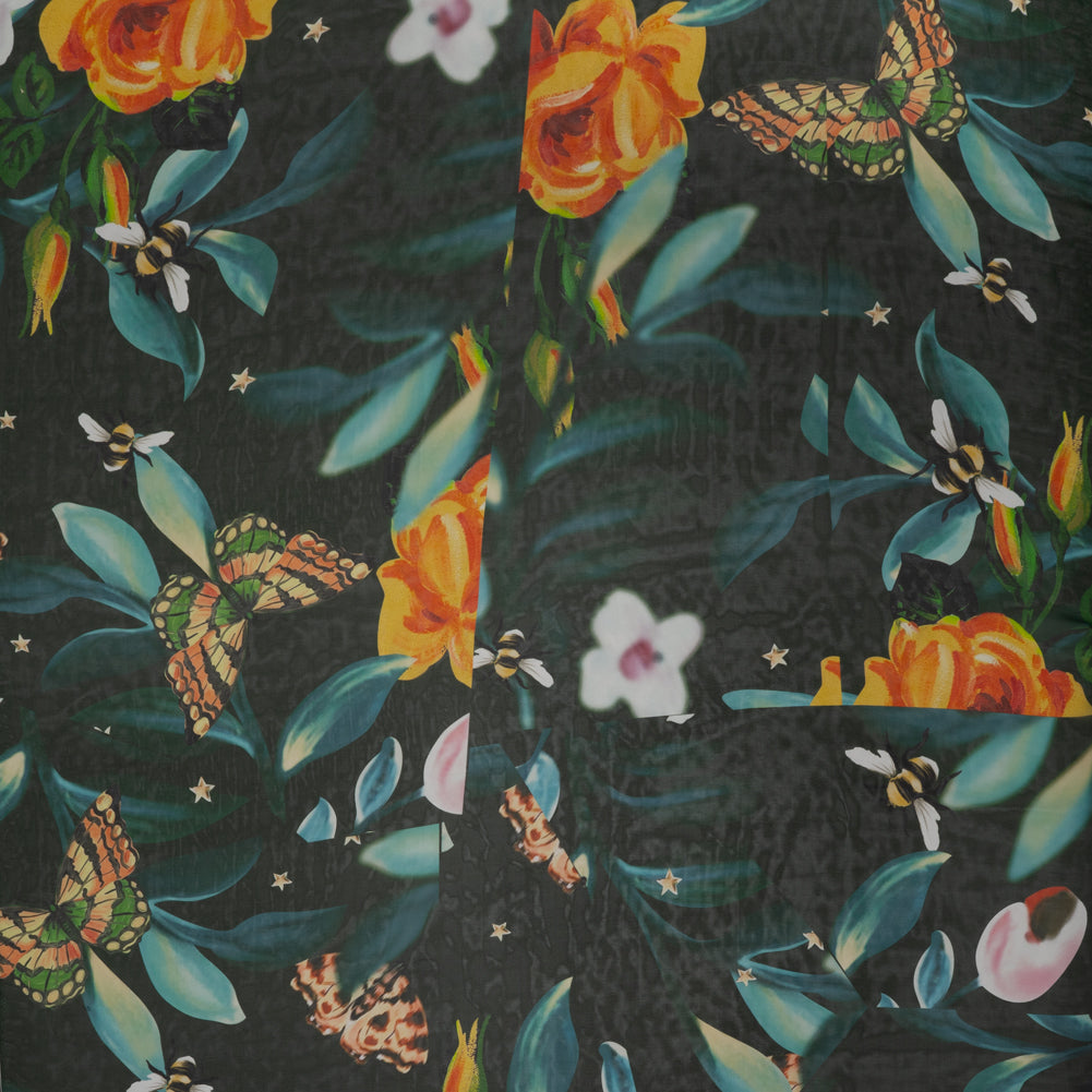 Silk Voile Print - Deep Sea Green, Blue and Yellow Broken Floral with Bees and Butterflies - Deadstock Silk Voile Print - Deep Sea Green, Blue and Yellow Broken Floral with Bees and Butterflies - Deadstock