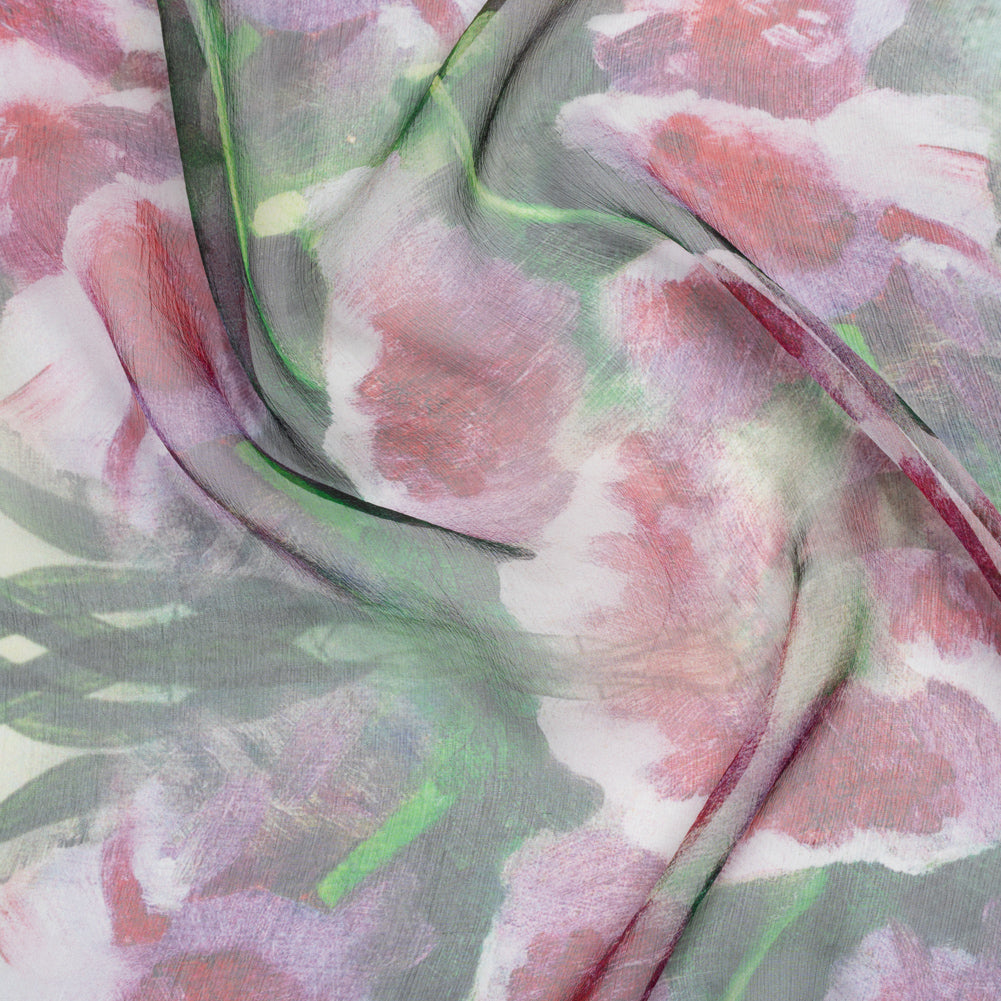 Crinkled Silk Chiffon Print - Green and Pink Ferns and Painterly Flowers Borders - Deadstock Crinkled Silk Chiffon Print - Green and Pink Ferns and Painterly Flowers Borders - Deadstock