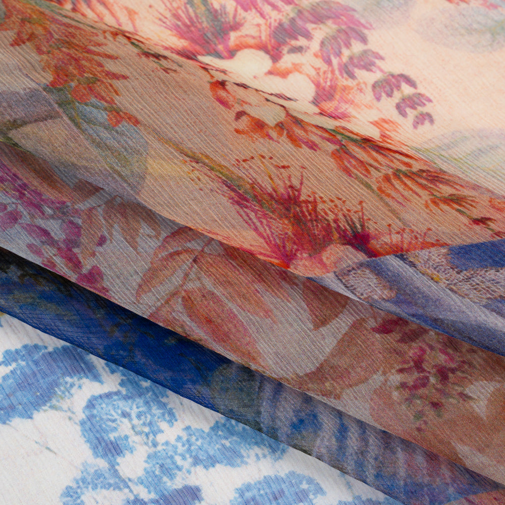 Crinkled Silk Chiffon Print - Red, Yellow and Blue Butterflies, Birds and Floral Patchwork - Deadstock Folded Crinkled Silk Chiffon Print - Red, Yellow and Blue Butterflies, Birds and Floral Patchwork - Deadstock Folded
