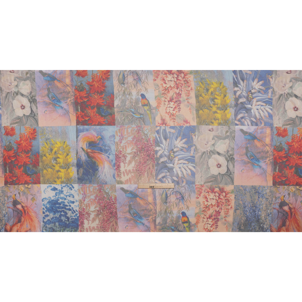 Crinkled Silk Chiffon Print - Red, Yellow and Blue Butterflies, Birds and Floral Patchwork - Deadstock - Full Crinkled Silk Chiffon Print - Red, Yellow and Blue Butterflies, Birds and Floral Patchwork - Deadstock - Full