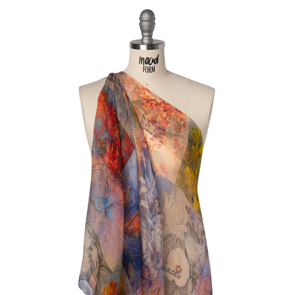 Crinkled Silk Chiffon Print - Red, Yellow and Blue Butterflies, Birds and Floral Patchwork - Deadstock Drape Crinkled Silk Chiffon Print - Red, Yellow and Blue Butterflies, Birds and Floral Patchwork - Deadstock Drape