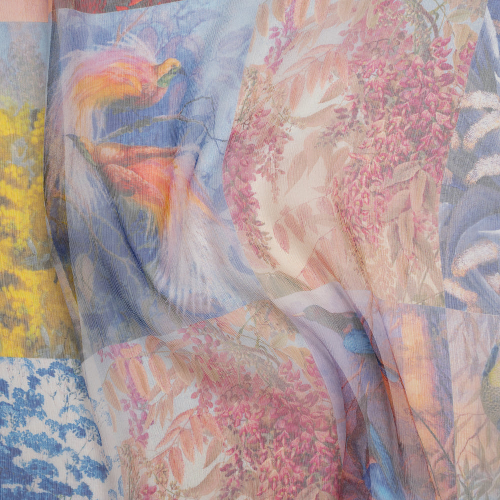 Crinkled Silk Chiffon Print - Red, Yellow and Blue Butterflies, Birds and Floral Patchwork - Deadstock Crinkled Silk Chiffon Print - Red, Yellow and Blue Butterflies, Birds and Floral Patchwork - Deadstock