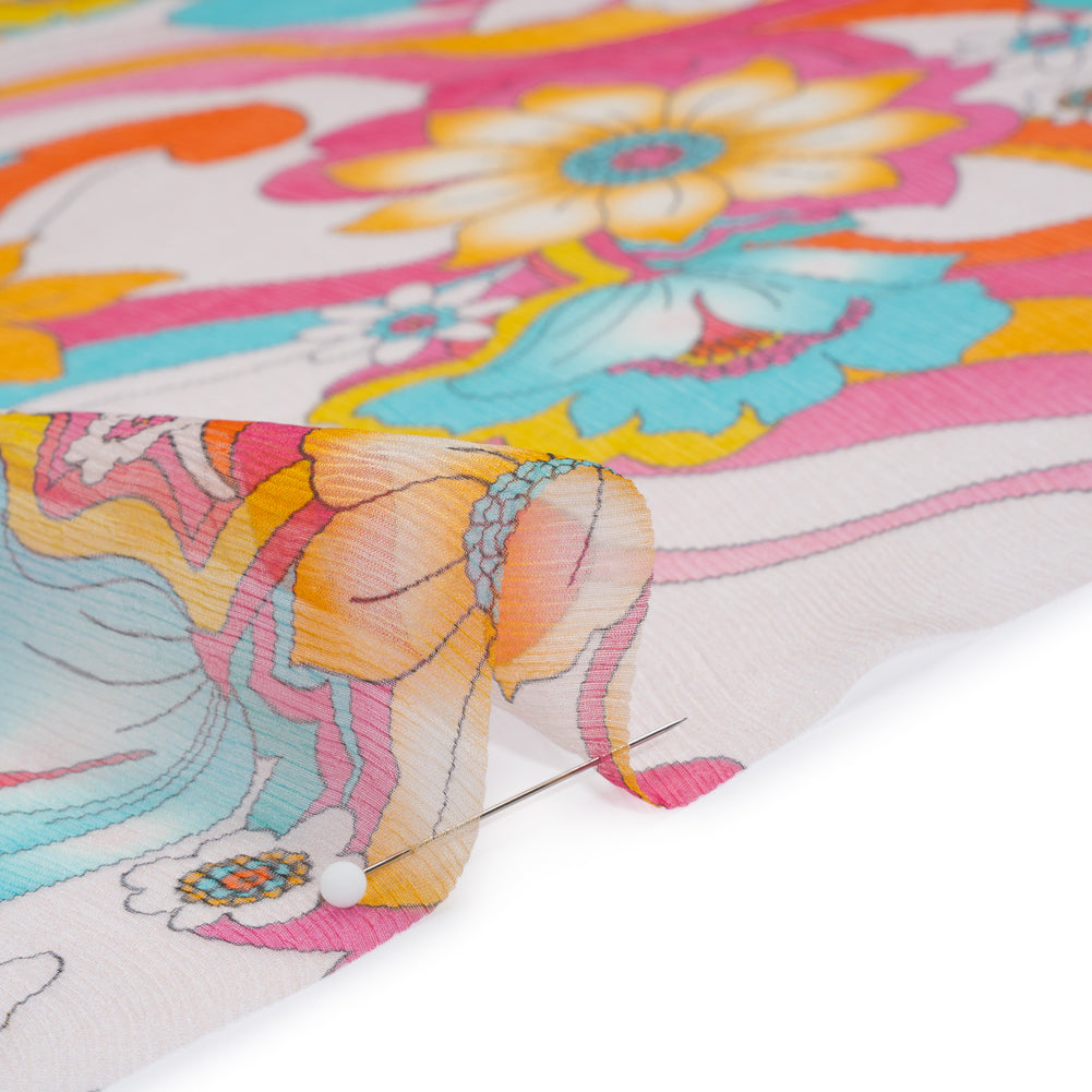Crinkled Silk Chiffon Print - Pink, Yellow and Sky Blue Retro Florals - Deadstock - Detail Crinkled Silk Chiffon Print - Pink, Yellow and Sky Blue Retro Florals - Deadstock - Detail