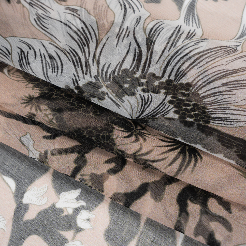 Crinkled Silk Chiffon Print - Pale Peach, Black and White Classic Tropical Floral - Deadstock Folded Crinkled Silk Chiffon Print - Pale Peach, Black and White Classic Tropical Floral - Deadstock Folded