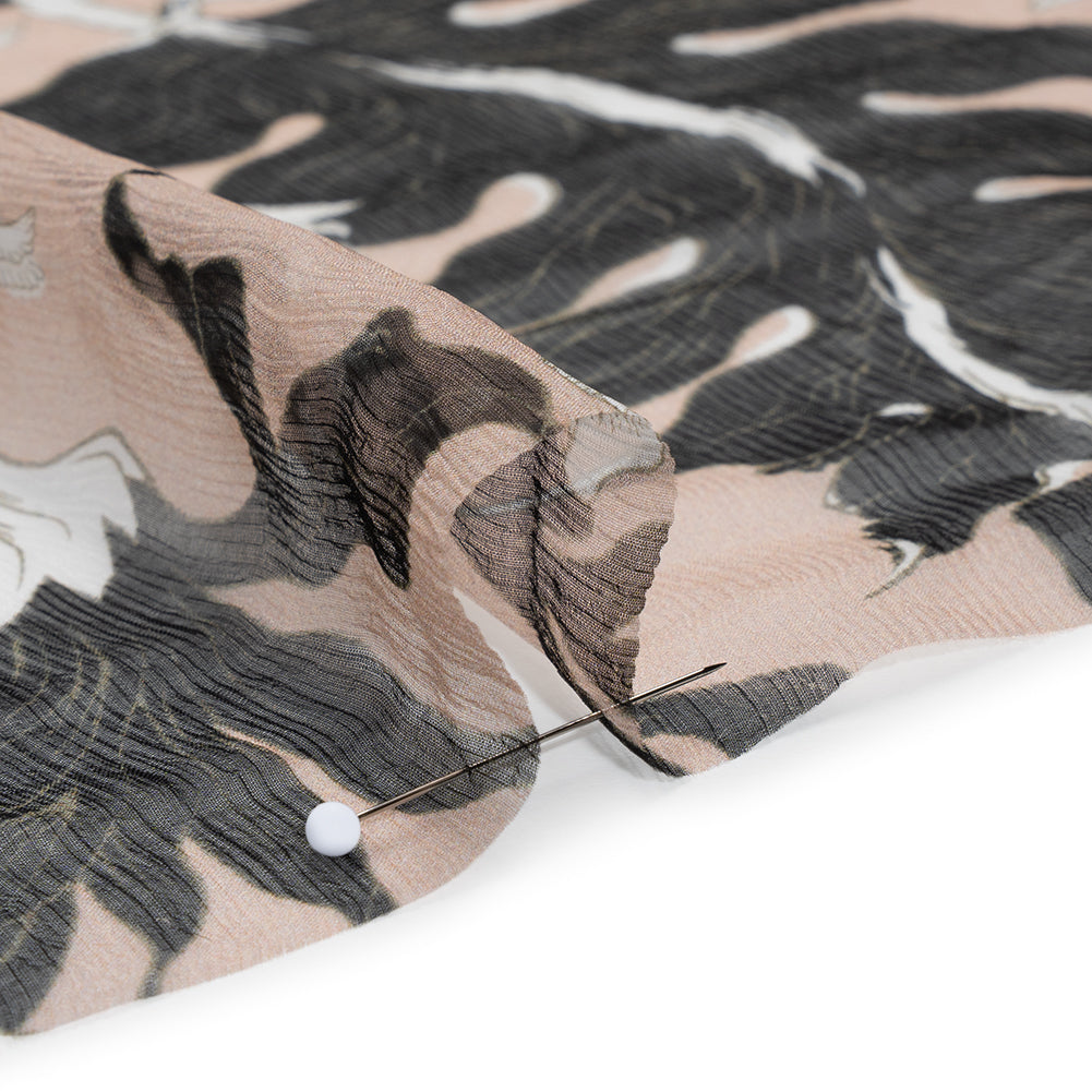 Crinkled Silk Chiffon Print - Pale Peach, Black and White Classic Tropical Floral - Deadstock Detail Crinkled Silk Chiffon Print - Pale Peach, Black and White Classic Tropical Floral - Deadstock Detail