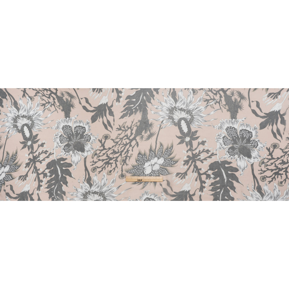 Crinkled Silk Chiffon Print - Pale Peach, Black and White Classic Tropical Floral - Deadstock - Full Crinkled Silk Chiffon Print - Pale Peach, Black and White Classic Tropical Floral - Deadstock - Full