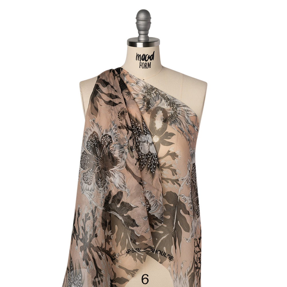 Crinkled Silk Chiffon Print - Pale Peach, Black and White Classic Tropical Floral - Deadstock Drape Crinkled Silk Chiffon Print - Pale Peach, Black and White Classic Tropical Floral - Deadstock Drape