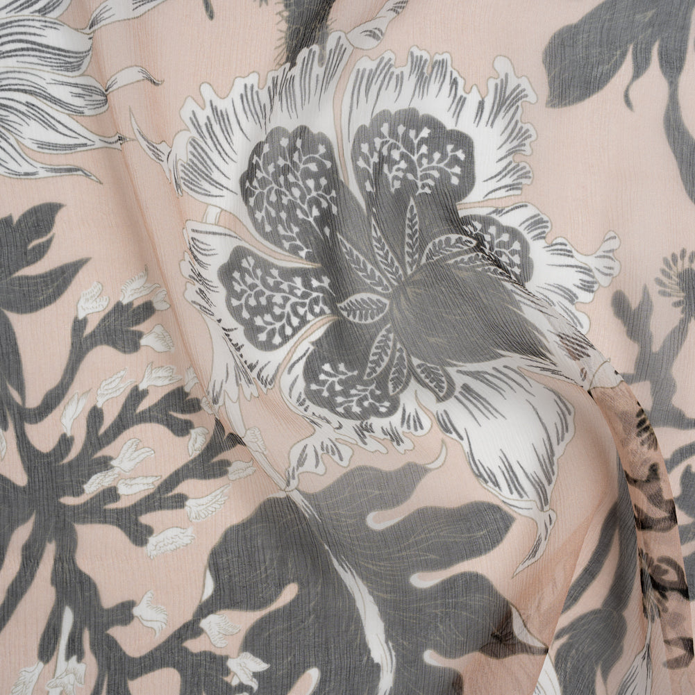 Crinkled Silk Chiffon Print - Pale Peach, Black and White Classic Tropical Floral - Deadstock Crinkled Silk Chiffon Print - Pale Peach, Black and White Classic Tropical Floral - Deadstock