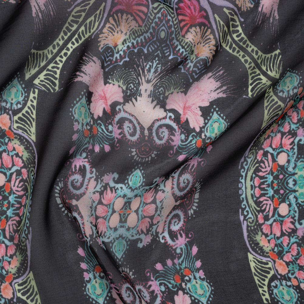 Silk Voile Print - Black and Rainbow Floral Damask Stripes - Deadstock Silk Voile Print - Black and Rainbow Floral Damask Stripes - Deadstock