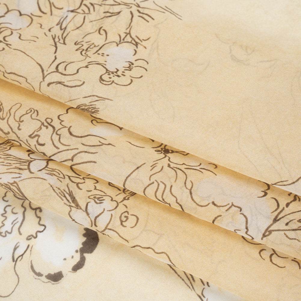Silk Voile Print - Yellow-Beige, White and Charcoal Illustrated Flowers and Animals - Deadstock Folded Silk Voile Print - Yellow-Beige, White and Charcoal Illustrated Flowers and Animals - Deadstock Folded