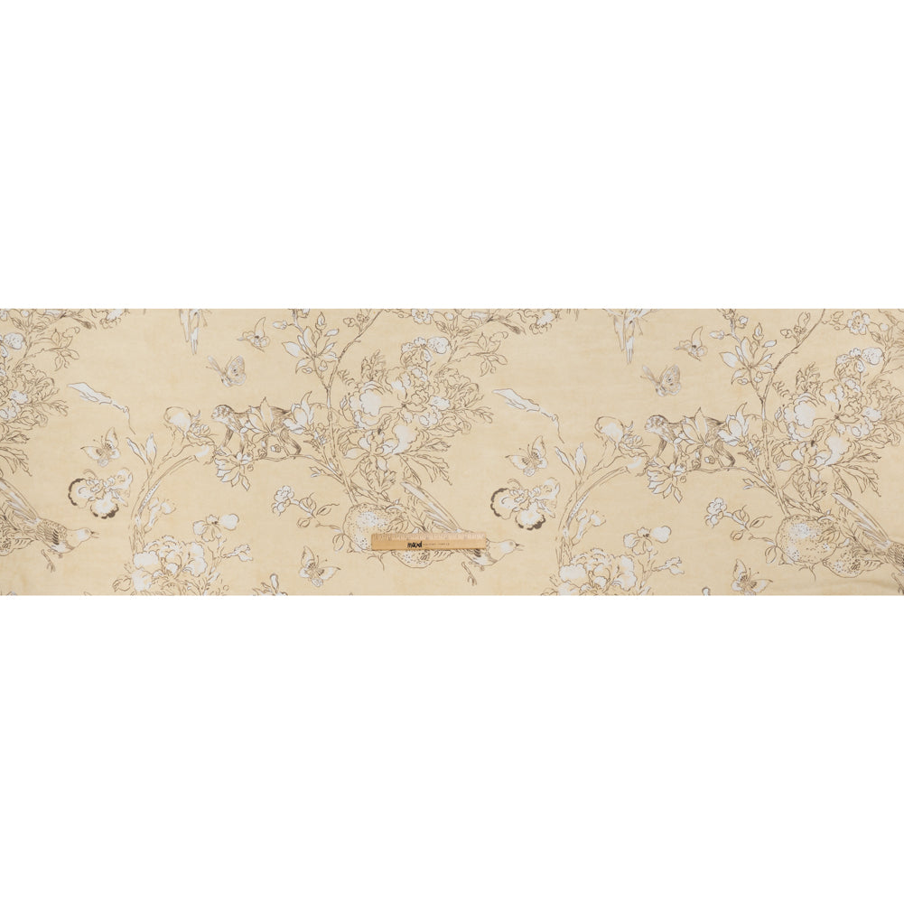 Silk Voile Print - Yellow-Beige, White and Charcoal Illustrated Flowers and Animals - Deadstock - Full Silk Voile Print - Yellow-Beige, White and Charcoal Illustrated Flowers and Animals - Deadstock - Full