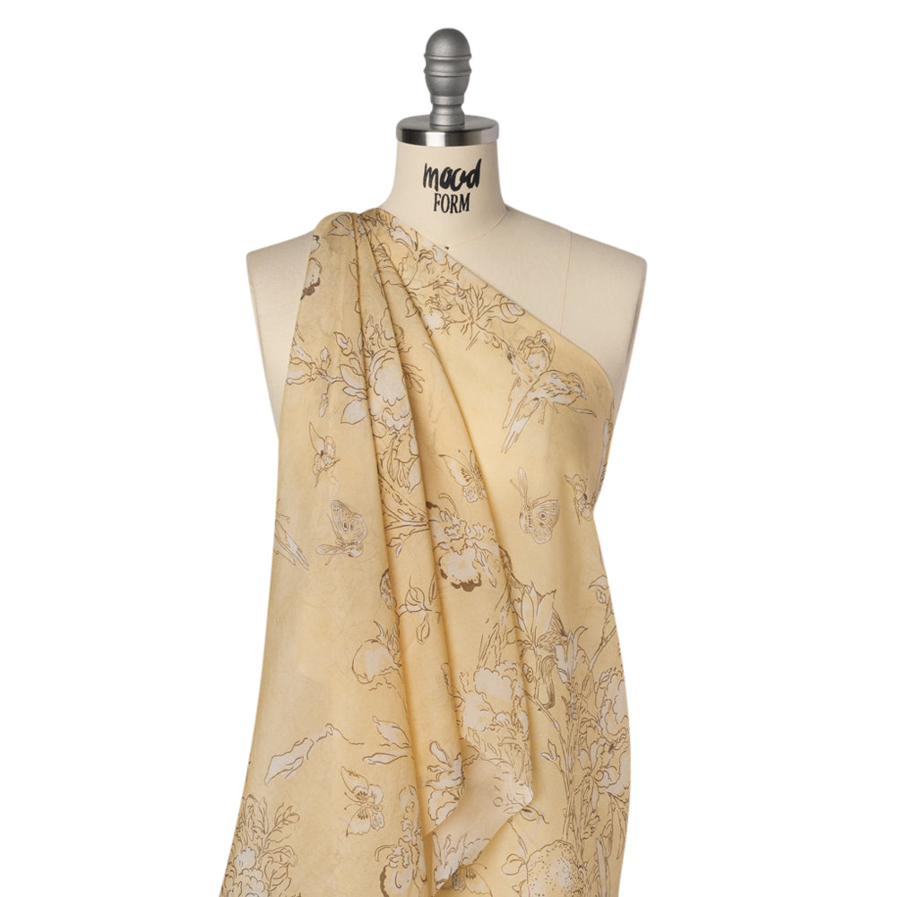Silk Voile Print - Yellow-Beige, White and Charcoal Illustrated Flowers and Animals - Deadstock Drape Silk Voile Print - Yellow-Beige, White and Charcoal Illustrated Flowers and Animals - Deadstock Drape