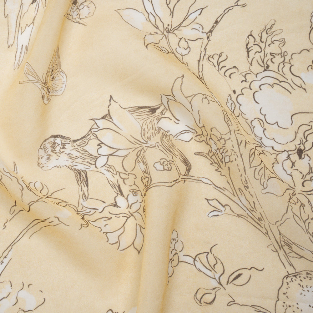 Silk Voile Print - Yellow-Beige, White and Charcoal Illustrated Flowers and Animals - Deadstock Silk Voile Print - Yellow-Beige, White and Charcoal Illustrated Flowers and Animals - Deadstock