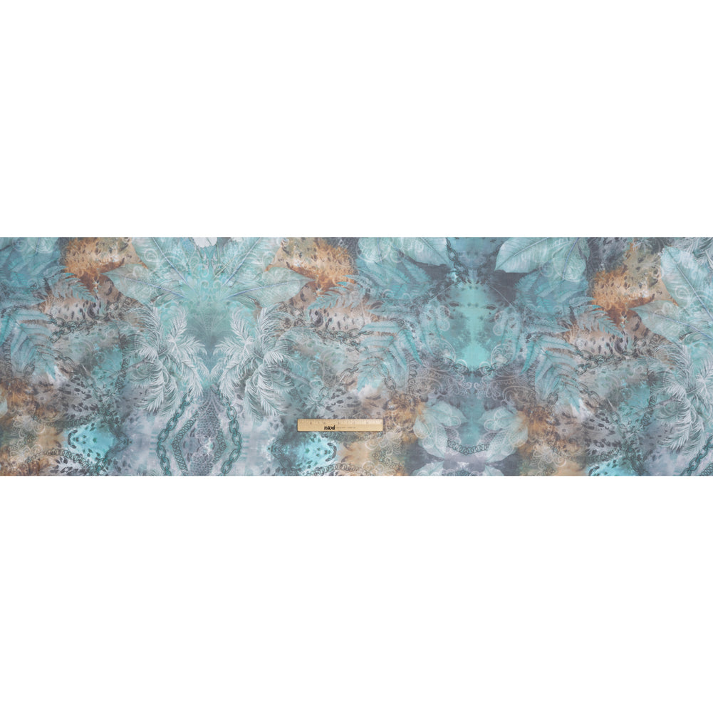 Silk Voile Print - Muted Teal, Brown and Gray Chains and Palms - Deadstock - Full Silk Voile Print - Muted Teal, Brown and Gray Chains and Palms - Deadstock - Full