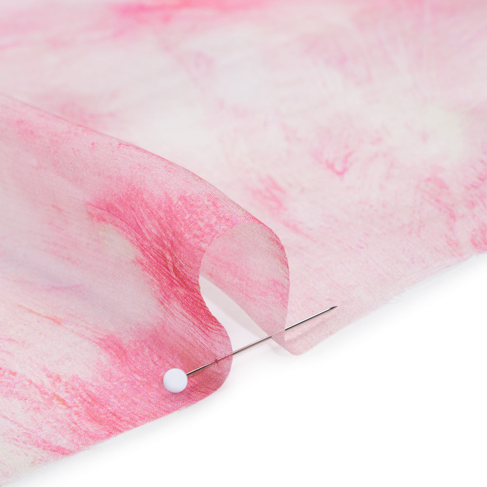 Crinkled Silk Chiffon Print - Pale Pink and Magenta Abstract Brush Strokes - Deadstock Detail Crinkled Silk Chiffon Print - Pale Pink and Magenta Abstract Brush Strokes - Deadstock Detail