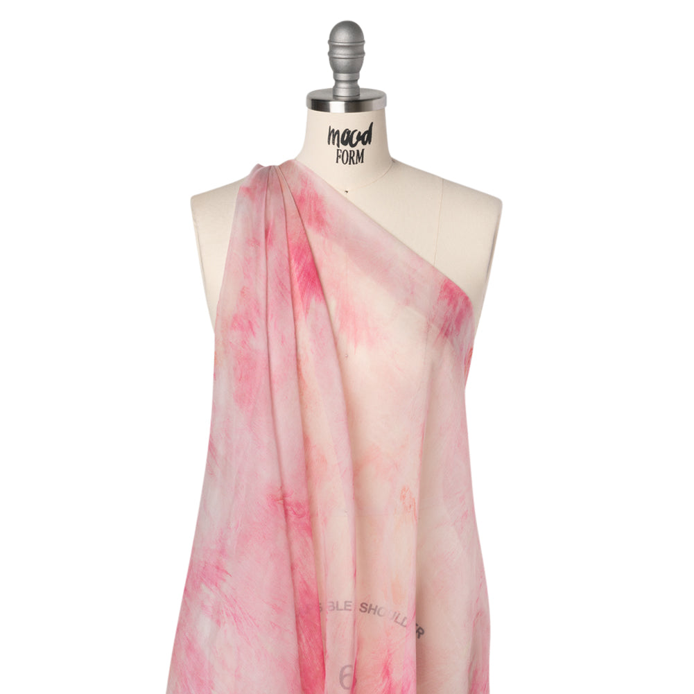 Crinkled Silk Chiffon Print - Pale Pink and Magenta Abstract Brush Strokes - Deadstock Drape Crinkled Silk Chiffon Print - Pale Pink and Magenta Abstract Brush Strokes - Deadstock Drape