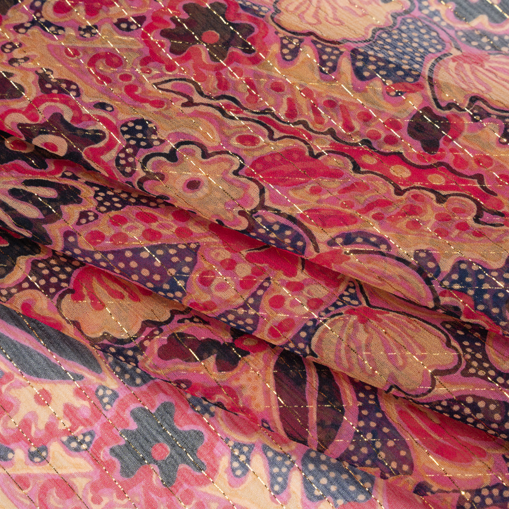 Crinkled Silk Chiffon Print with Metallic Gold Pinstripes - Pink, Navy, and Yellow-Beige Floral - Deadstock Folded Crinkled Silk Chiffon Print with Metallic Gold Pinstripes - Pink, Navy, and Yellow-Beige Floral - Deadstock Folded