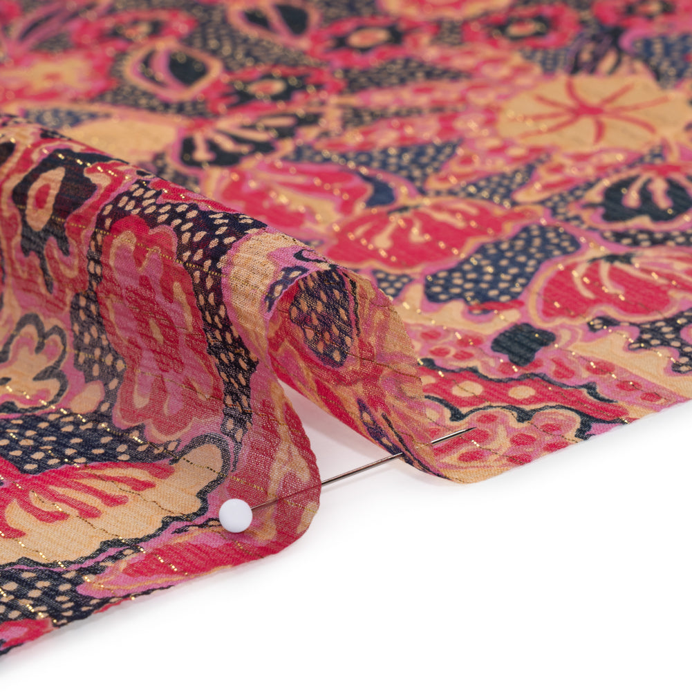 Crinkled Silk Chiffon Print with Metallic Gold Pinstripes - Pink, Navy, and Yellow-Beige Floral - Deadstock Detail Crinkled Silk Chiffon Print with Metallic Gold Pinstripes - Pink, Navy, and Yellow-Beige Floral - Deadstock Detail