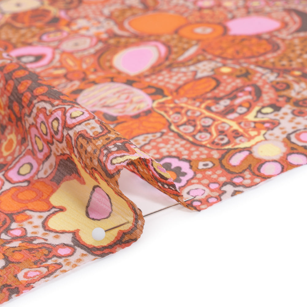 Crinkled Silk Chiffon Print - Coral Orange, Orchid Pink and Brown Abstracted Floral - Deadstock - Detail Crinkled Silk Chiffon Print - Coral Orange, Orchid Pink and Brown Abstracted Floral - Deadstock - Detail