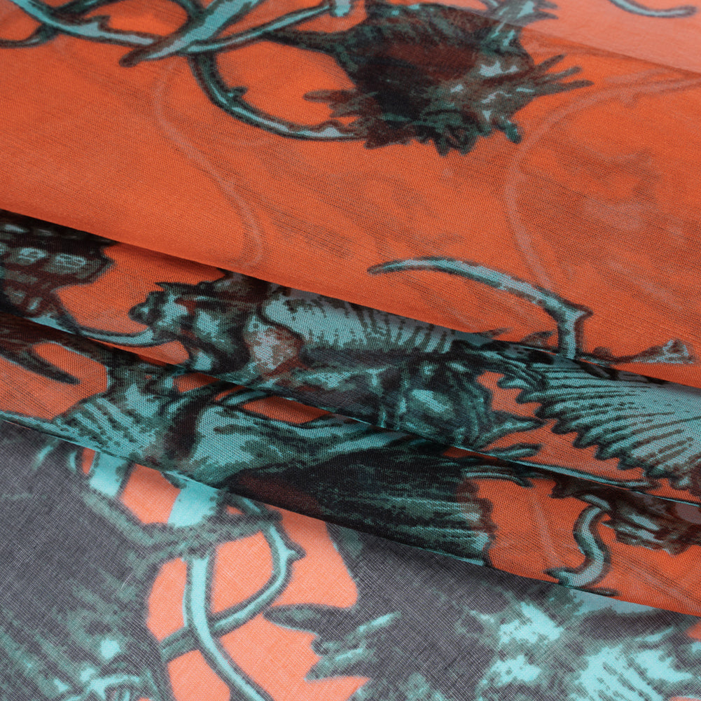 Silk Voile Print - Salmon Pink and Sky Blue Shells and Coral Vines - Deadstock - Folded Silk Voile Print - Salmon Pink and Sky Blue Shells and Coral Vines - Deadstock - Folded