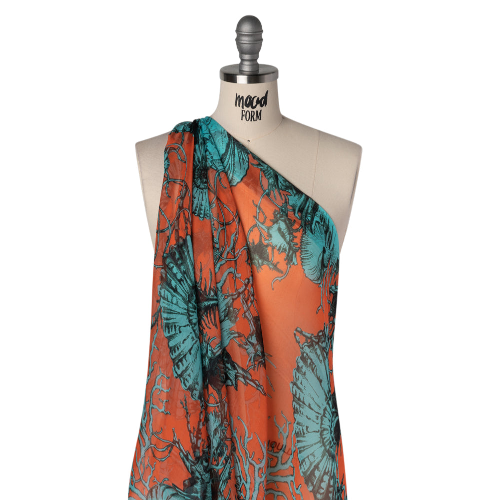 Silk Voile Print - Salmon Pink and Sky Blue Shells and Coral Vines - Deadstock - Drape Silk Voile Print - Salmon Pink and Sky Blue Shells and Coral Vines - Deadstock - Drape