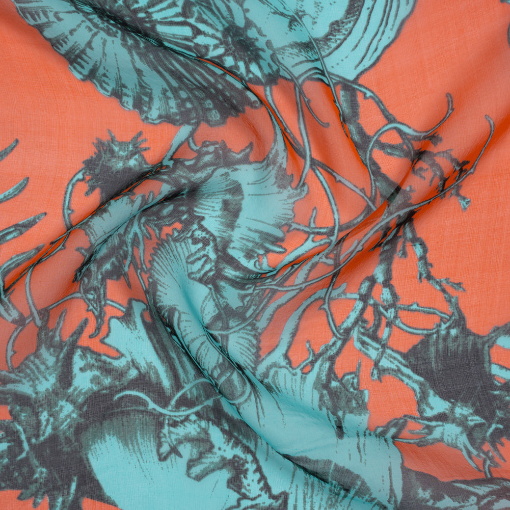 Silk Voile Print - Salmon Pink and Sky Blue Shells and Coral Vines - Deadstock Silk Voile Print - Salmon Pink and Sky Blue Shells and Coral Vines - Deadstock