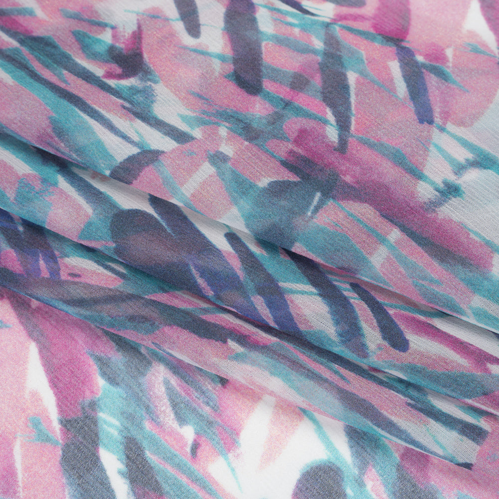Crinkled Silk Chiffon Print - Pink, Navy, and Teal Abstract - Deadstock Folded Crinkled Silk Chiffon Print - Pink, Navy, and Teal Abstract - Deadstock Folded