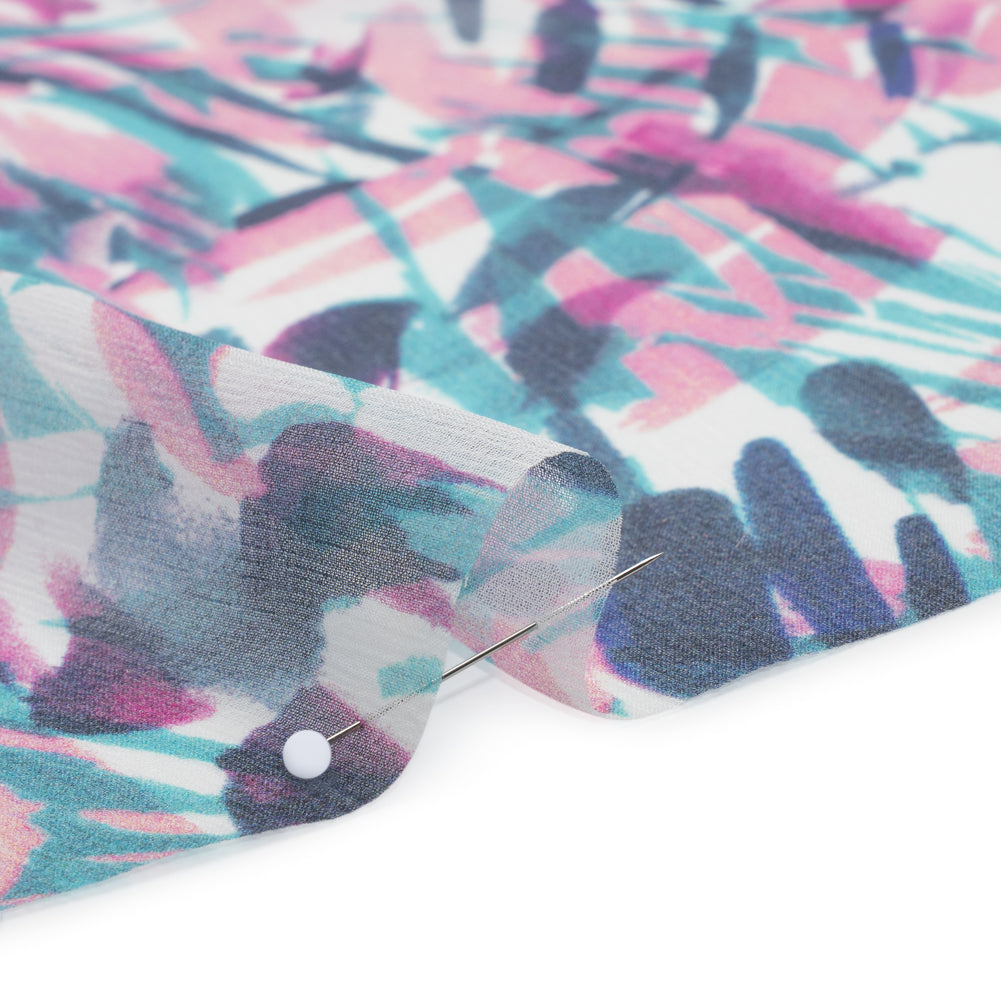 Crinkled Silk Chiffon Print - Pink, Navy, and Teal Abstract - Deadstock Detail Crinkled Silk Chiffon Print - Pink, Navy, and Teal Abstract - Deadstock Detail