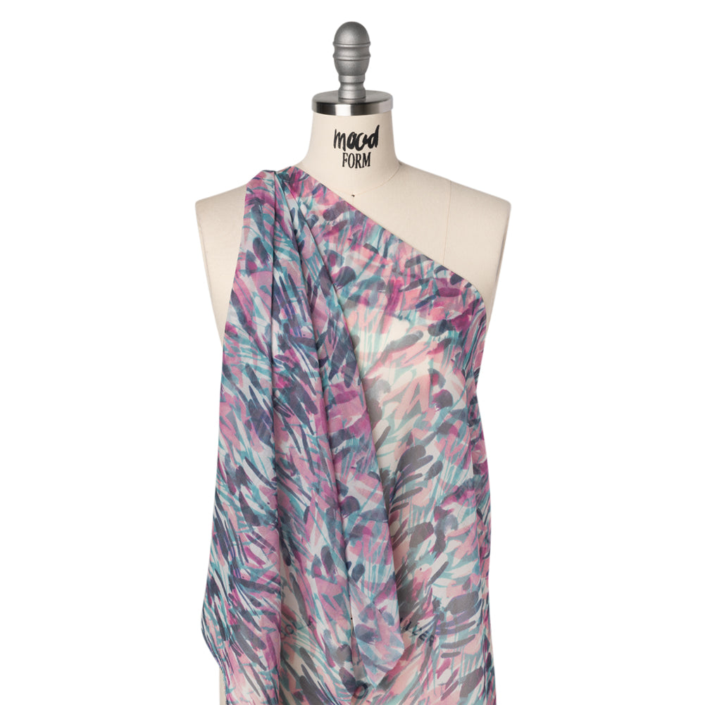 Crinkled Silk Chiffon Print - Pink, Navy, and Teal Abstract - Deadstock Drape Crinkled Silk Chiffon Print - Pink, Navy, and Teal Abstract - Deadstock Drape