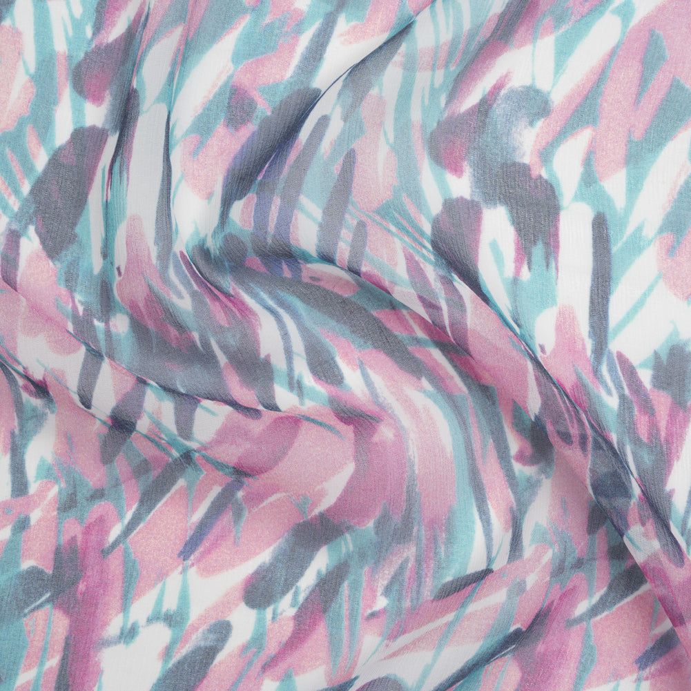 Crinkled Silk Chiffon Print - Pink, Navy, and Teal Abstract - Deadstock Crinkled Silk Chiffon Print - Pink, Navy, and Teal Abstract - Deadstock