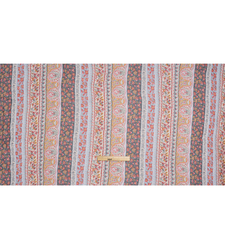 Crinkled Silk Chiffon Print - Red, Pale Blue and Golden Yellow Floral Stripes - Deadstock - Full Crinkled Silk Chiffon Print - Red, Pale Blue and Golden Yellow Floral Stripes - Deadstock - Full