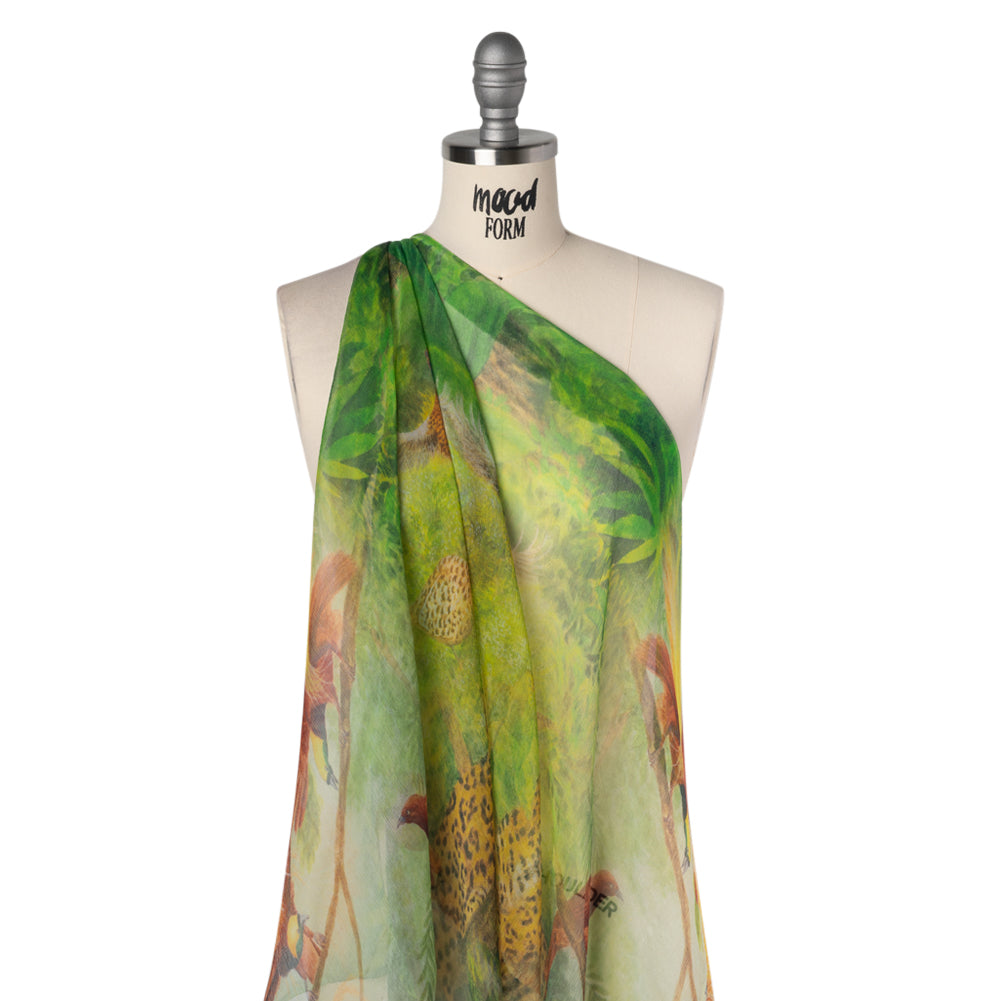 Crinkled Silk Chiffon Print - Green, Golden Brown and Yellow Jungle Creatures - Deadstock - Drape Crinkled Silk Chiffon Print - Green, Golden Brown and Yellow Jungle Creatures - Deadstock - Drape
