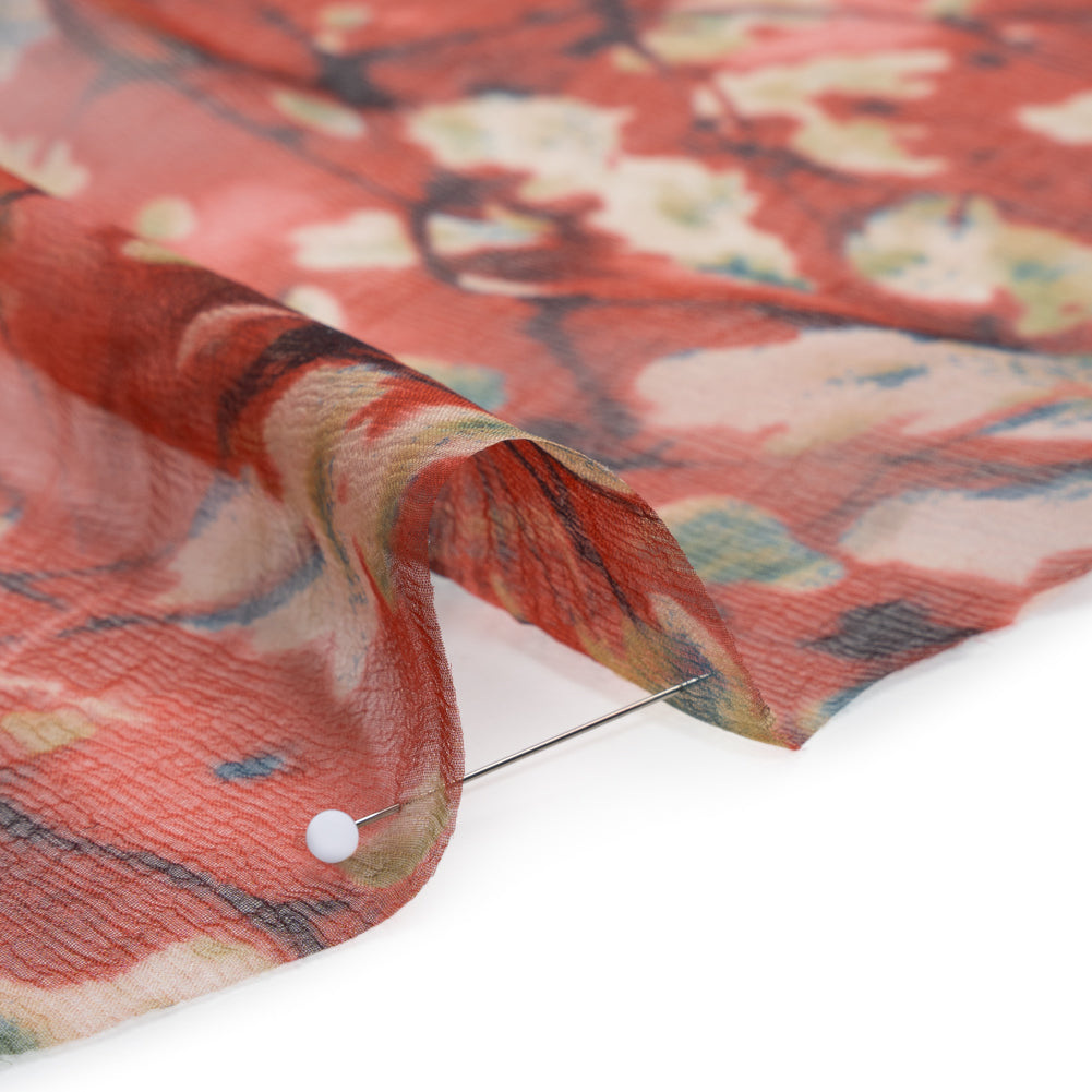 Crinkled Silk Chiffon Print - Red, White and Black Painterly Flowering Branches - Deadstock Detail Crinkled Silk Chiffon Print - Red, White and Black Painterly Flowering Branches - Deadstock Detail