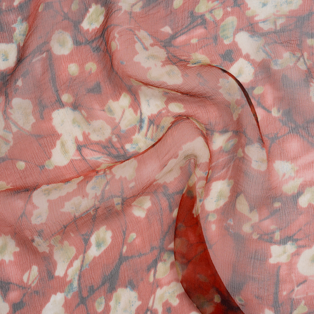 Crinkled Silk Chiffon Print - Red, White and Black Painterly Flowering Branches - Deadstock Crinkled Silk Chiffon Print - Red, White and Black Painterly Flowering Branches - Deadstock