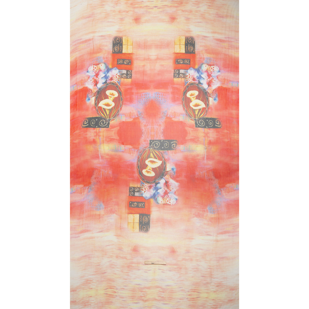 Crinkled Silk Chiffon Panel - Yellow, Peach and Red Floral Medallion Sunrise - Deadstock - Full Crinkled Silk Chiffon Panel - Yellow, Peach and Red Floral Medallion Sunrise - Deadstock - Full