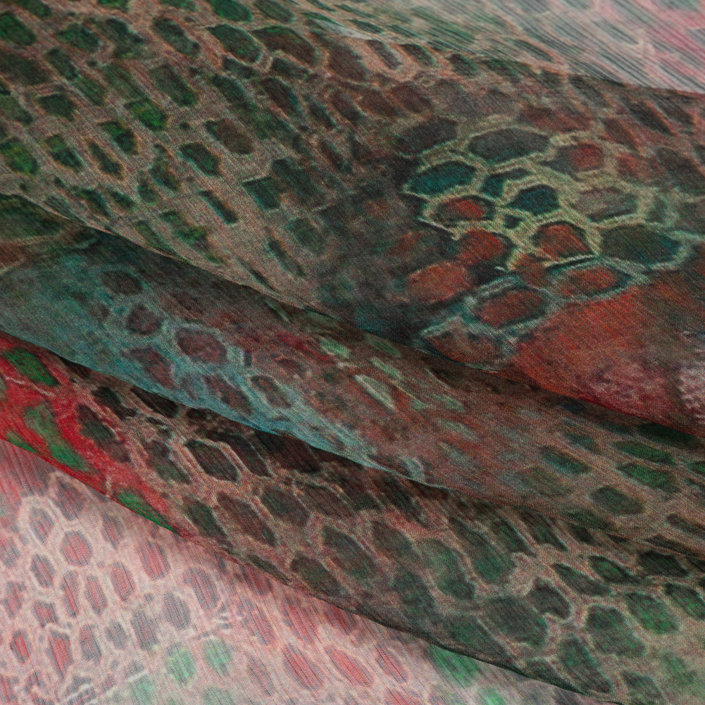 Crinkled Silk Chiffon Print - Red and Green Snakeskin - Deadstock Folded Crinkled Silk Chiffon Print - Red and Green Snakeskin - Deadstock Folded
