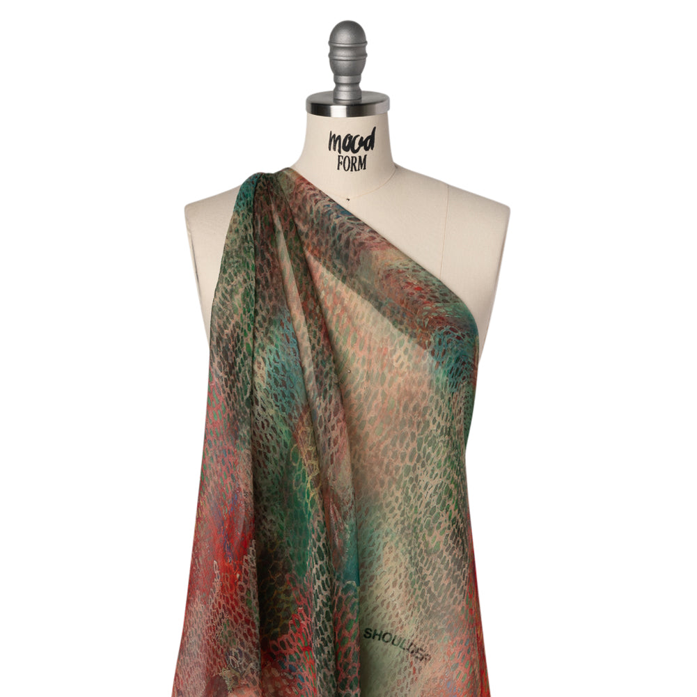 Crinkled Silk Chiffon Print - Red and Green Snakeskin - Deadstock Drape Crinkled Silk Chiffon Print - Red and Green Snakeskin - Deadstock Drape