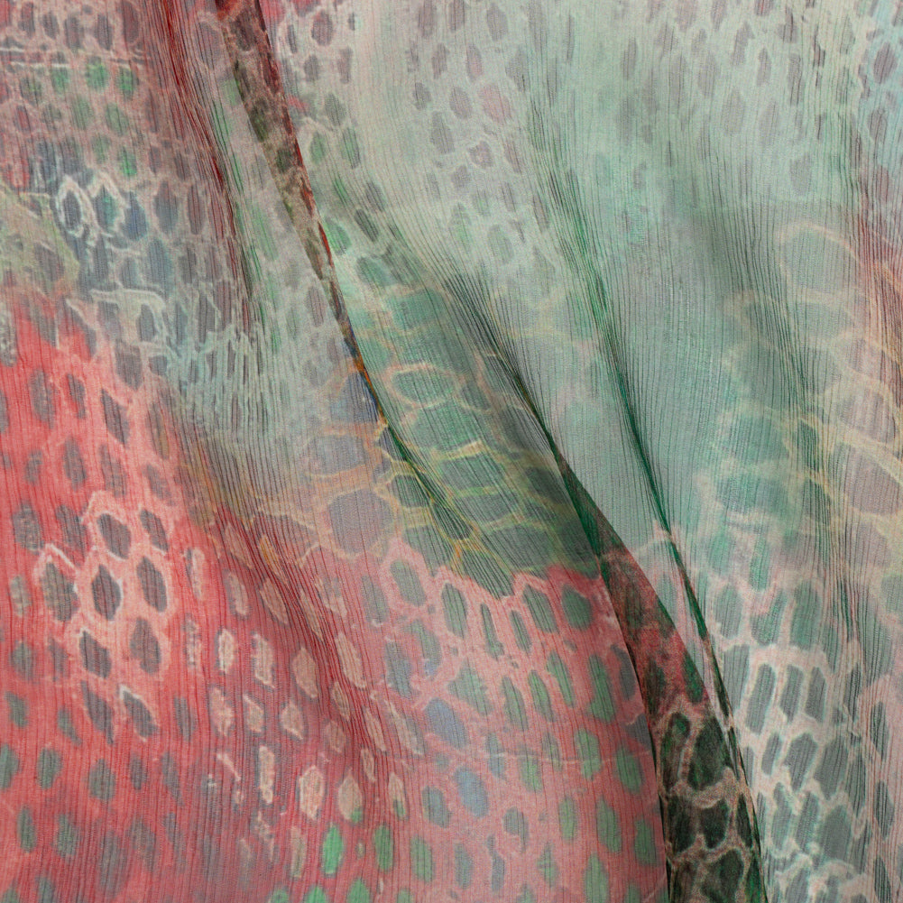 Crinkled Silk Chiffon Print - Red and Green Snakeskin - Deadstock Crinkled Silk Chiffon Print - Red and Green Snakeskin - Deadstock
