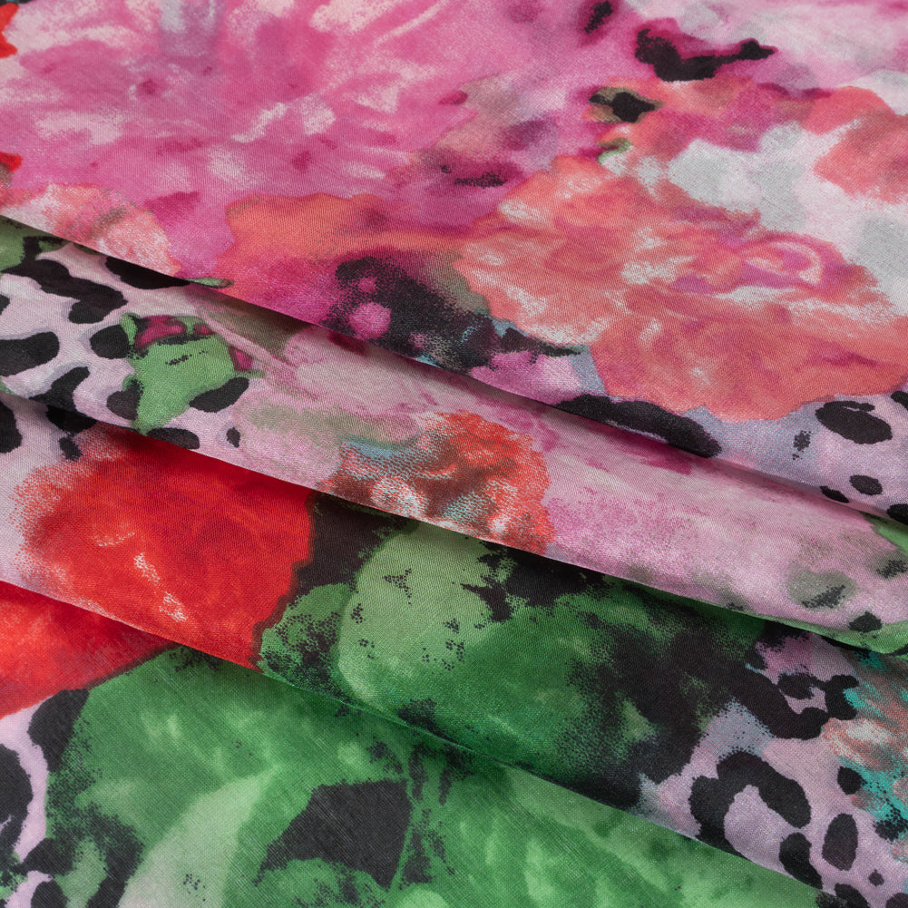 China Silk/Habotai Print - Pink, Green and Black Flowers and Leopard Spots - Deadstock China Silk/Habotai Print - Pink, Green and Black Flowers and Leopard Spots - Deadstock