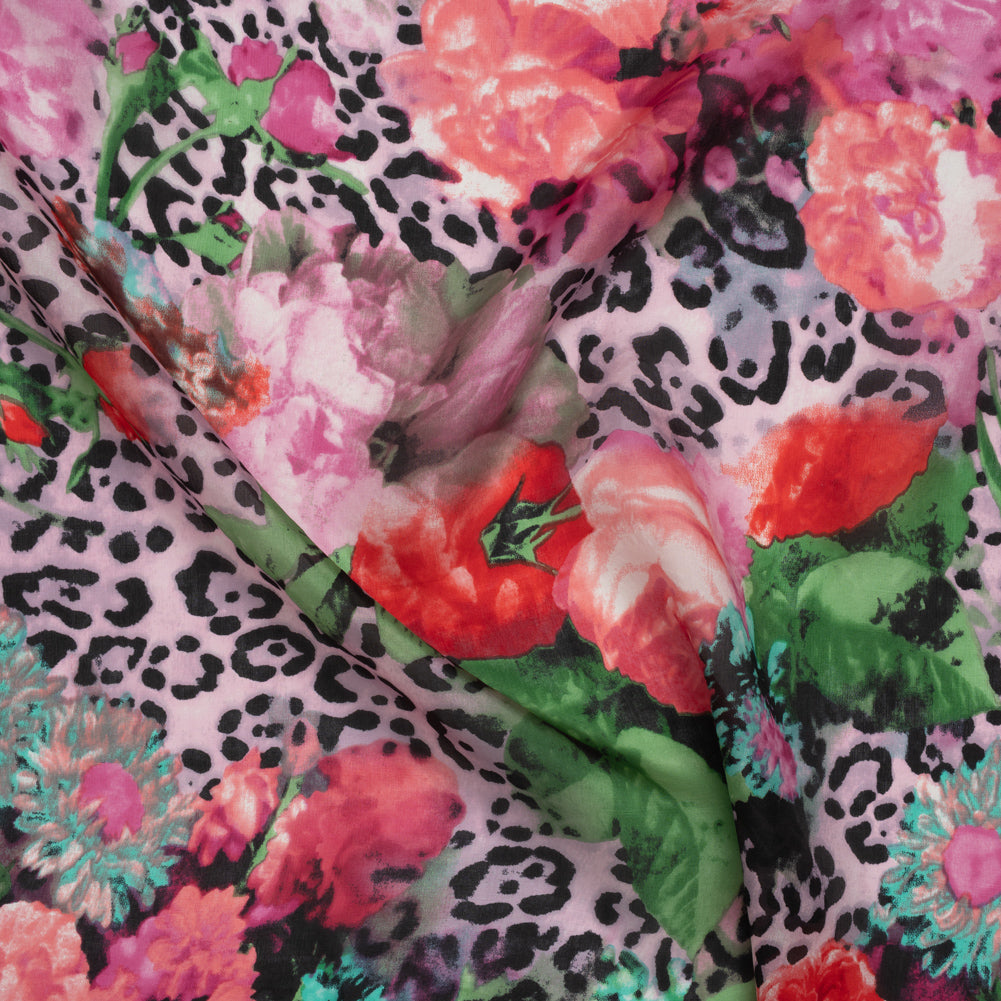 China Silk/Habotai Print - Pink, Green and Black Flowers and Leopard Spots - Deadstock China Silk/Habotai Print - Pink, Green and Black Flowers and Leopard Spots - Deadstock