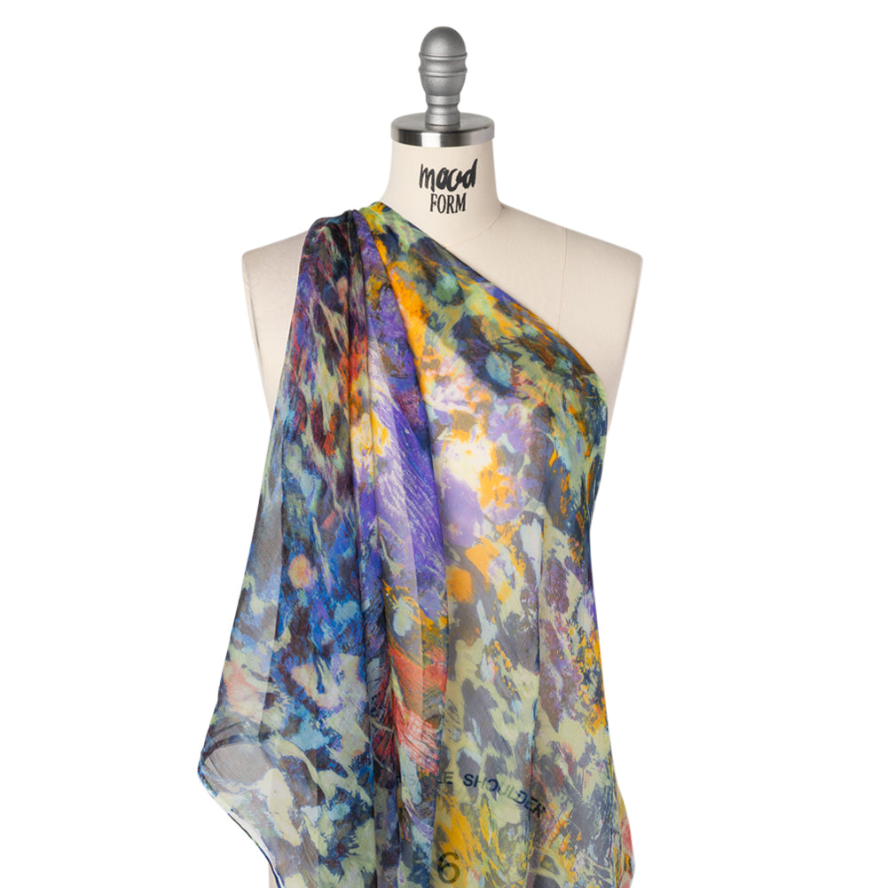 Crinkled Silk Chiffon Print - Purple, Dark Blue and Orangy Yellow Painterly Abstract - Deadstock - Drape Crinkled Silk Chiffon Print - Purple, Dark Blue and Orangy Yellow Painterly Abstract - Deadstock - Drape